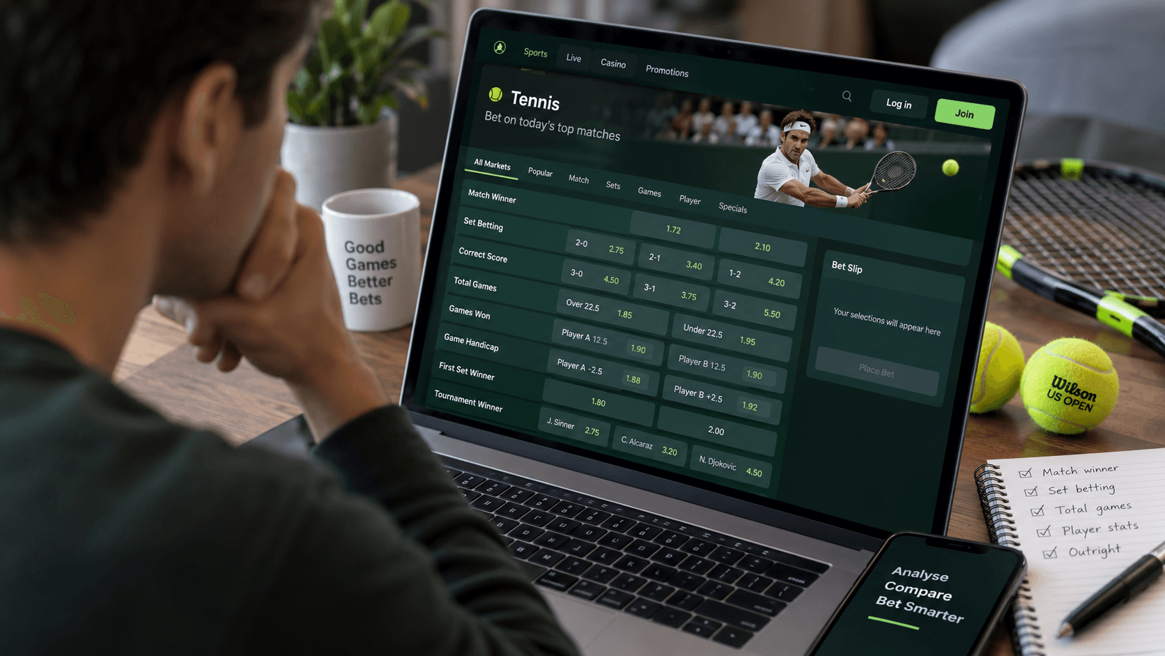 Person comparing tennis betting markets and odds on a laptop, including match winner, set betting, correct score, total games and handicaps.