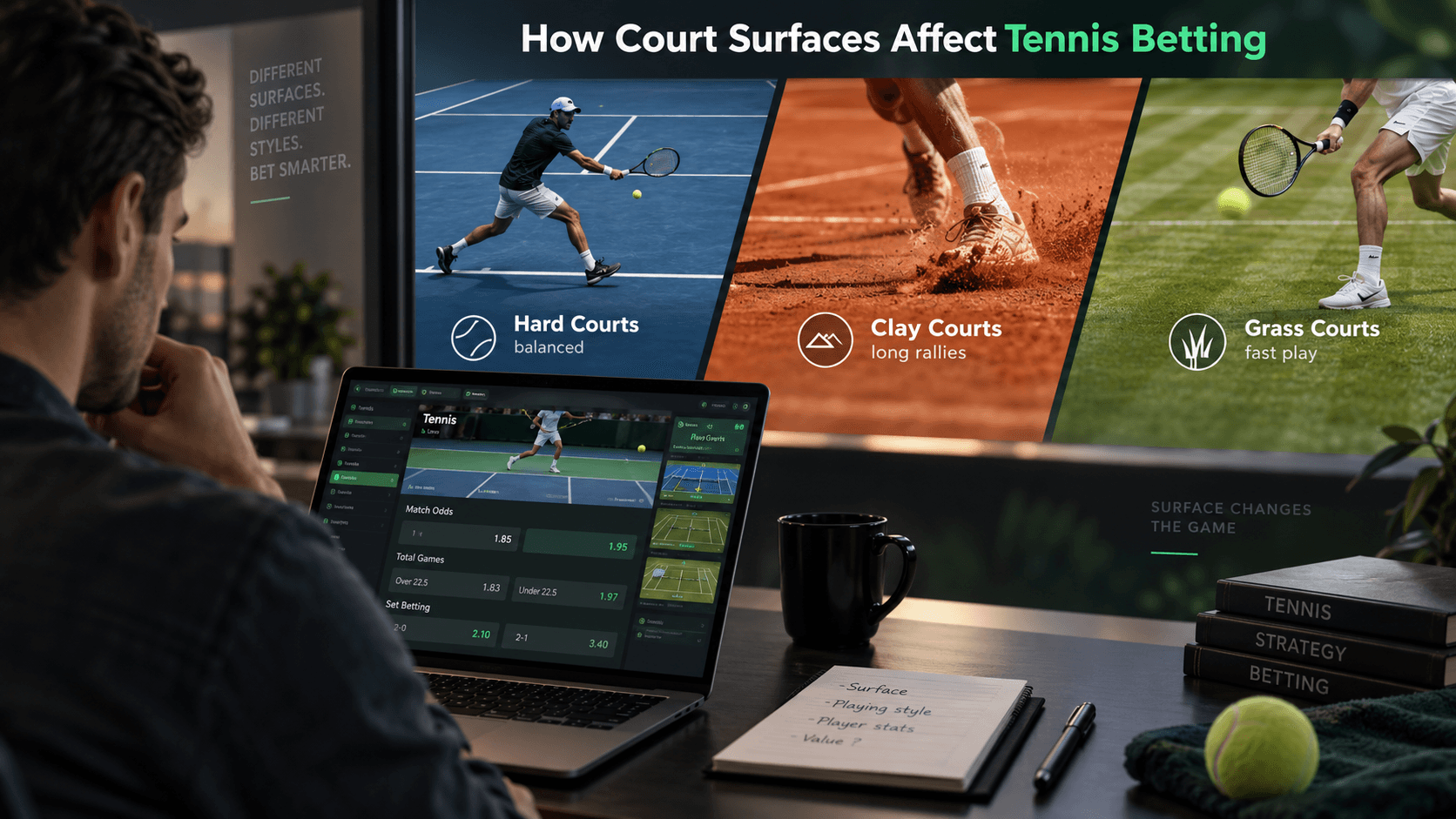 Person analysing how hard, clay and grass courts affect tennis betting, with betting odds and the three court surfaces displayed on screens.