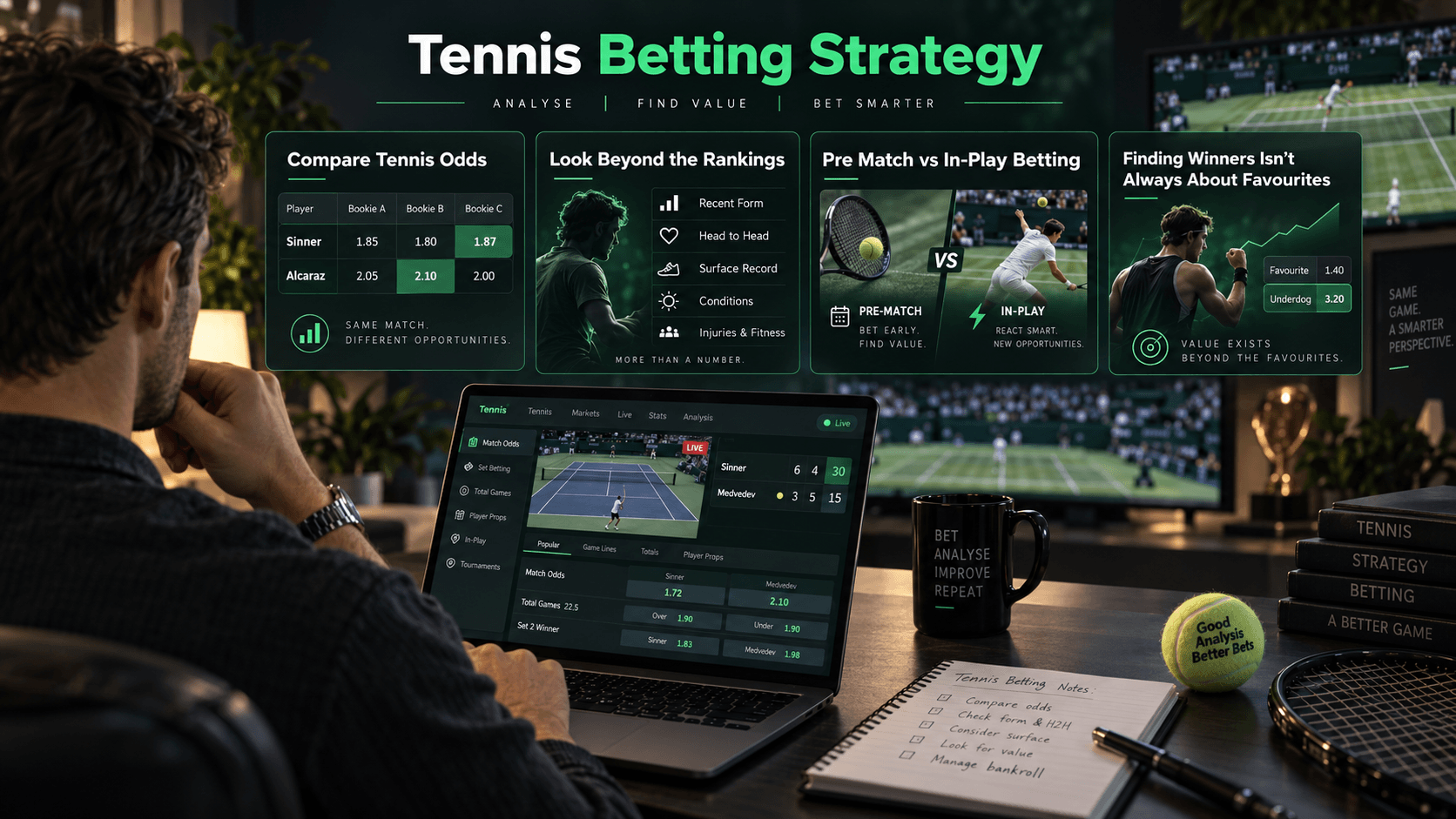 Person analysing a tennis betting strategy, comparing odds, player form and rankings, pre-match and in-play betting, and value beyond the favourites.