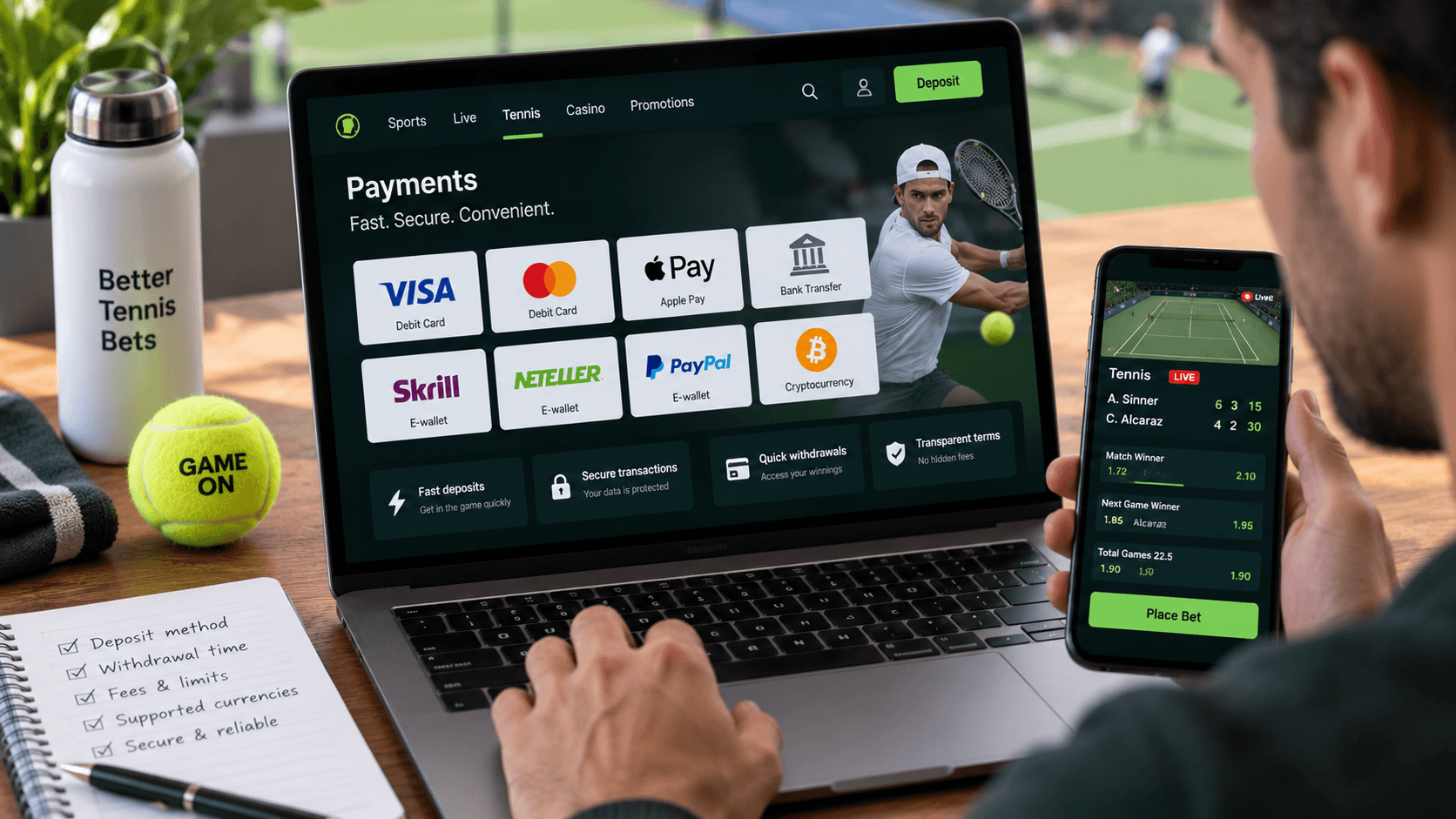 Person reviewing payment methods for tennis betting on a laptop, including debit cards, Apple Pay, bank transfer, e-wallets and cryptocurrency, while following a live tennis match.