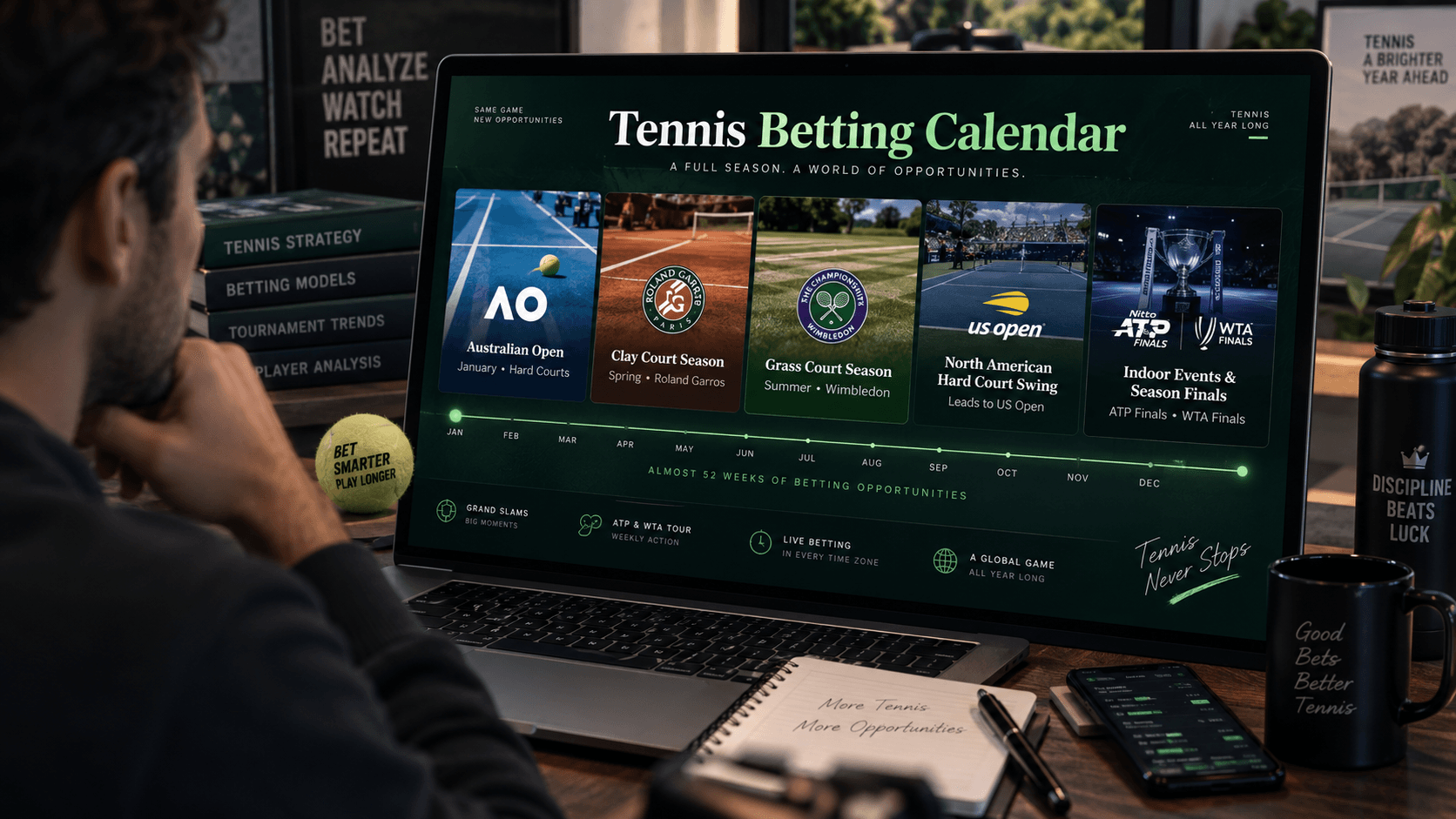 Person viewing a tennis betting calendar on a laptop, highlighting the Australian Open, clay court season, grass court season, North American hard court swing, and indoor events with season finals.