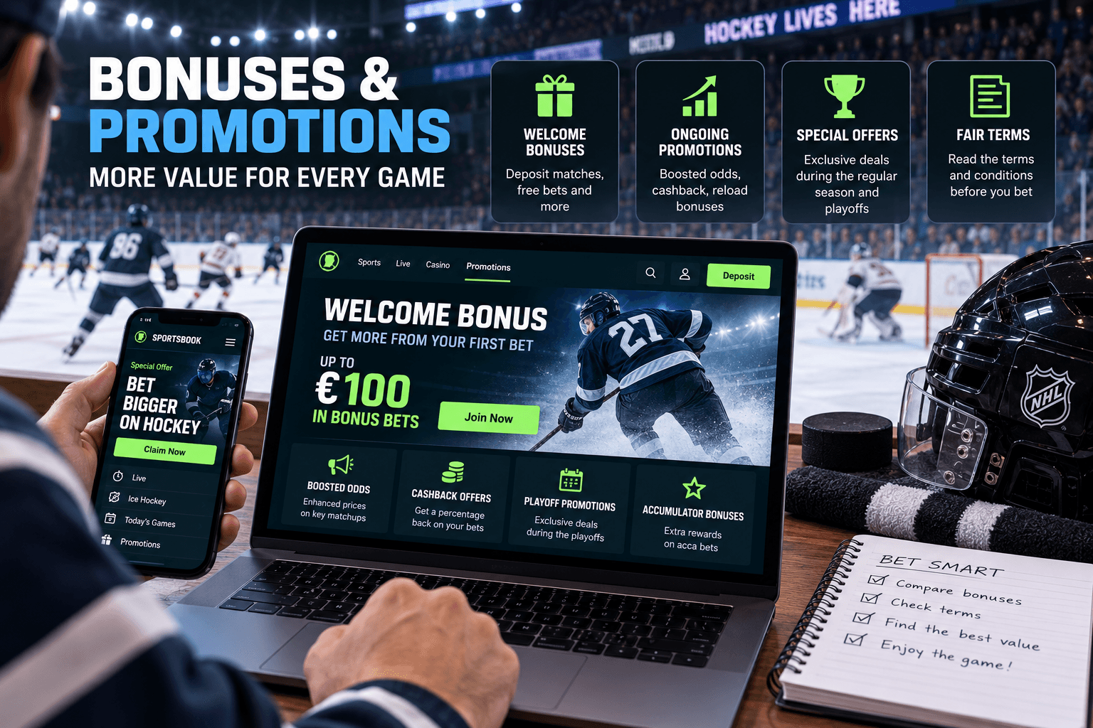 Person comparing ice hockey betting bonuses and promotions on a laptop and smartphone, including welcome bonuses, boosted odds, cashback offers, and playoff promotions.