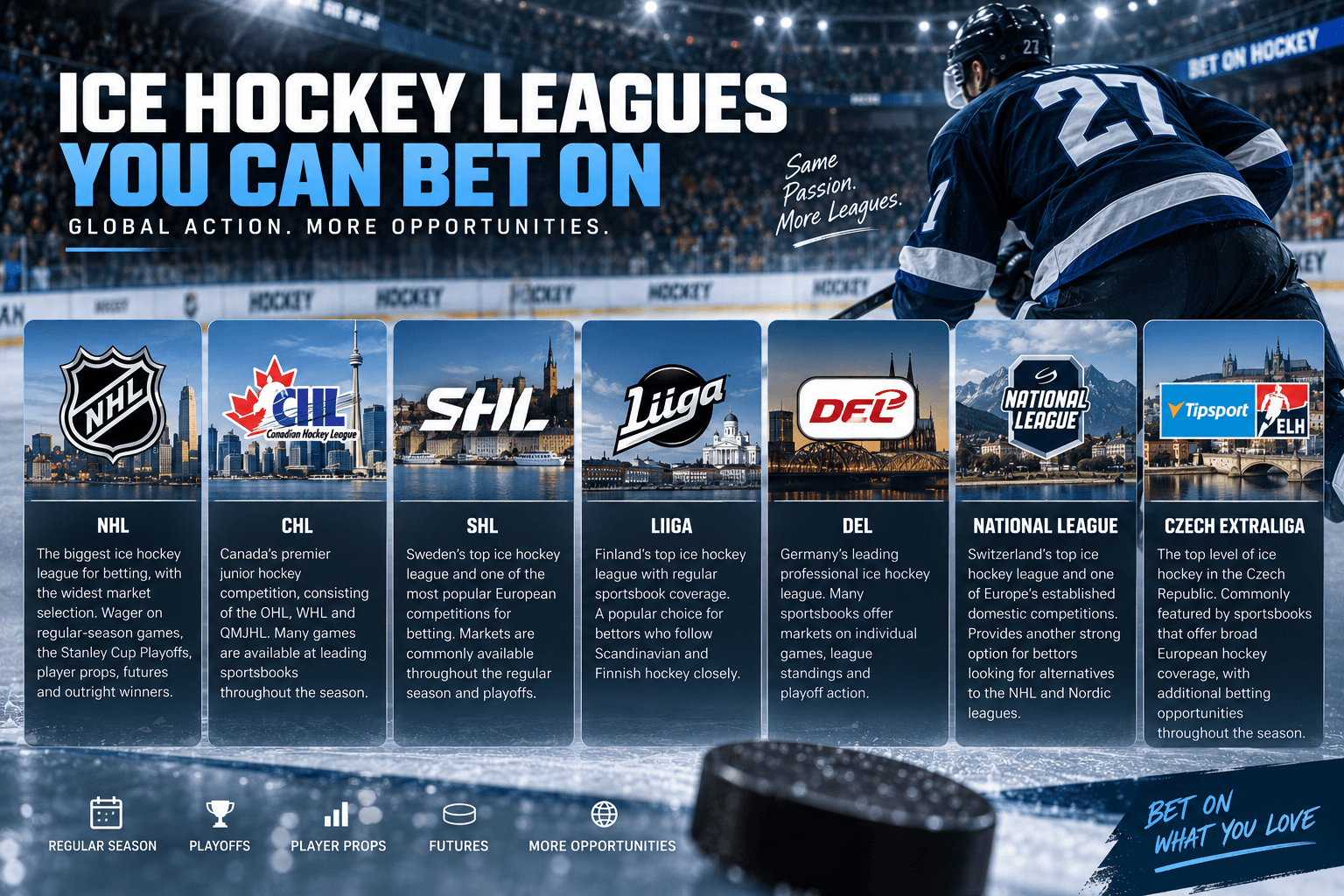 Overview of popular ice hockey leagues available for betting, including the NHL, CHL, SHL, Liiga, DEL, Swiss National League, and Czech Extraliga.