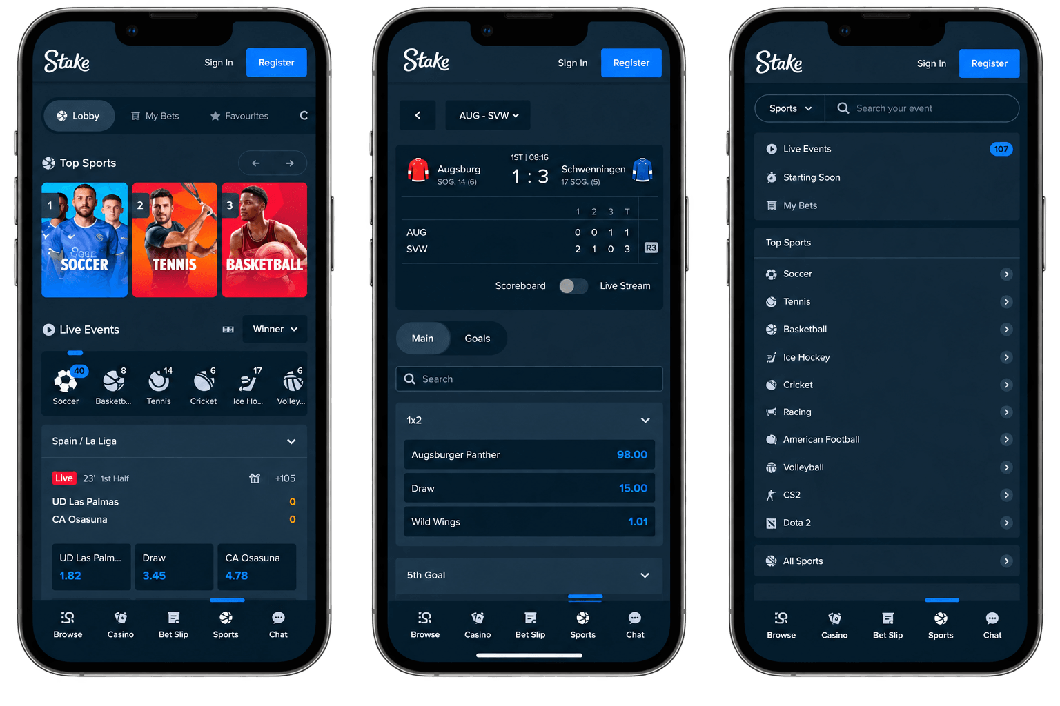 stake mobile betting app interface