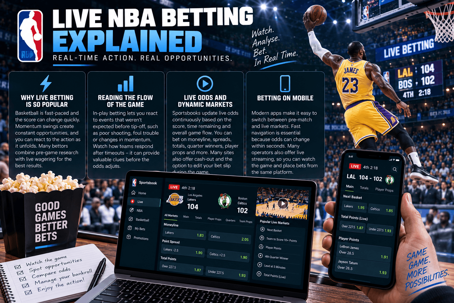 Live NBA betting with real-time odds, in-play markets and mobile betting shown during a basketball game, including moneyline, totals, player props and dynamic live markets.